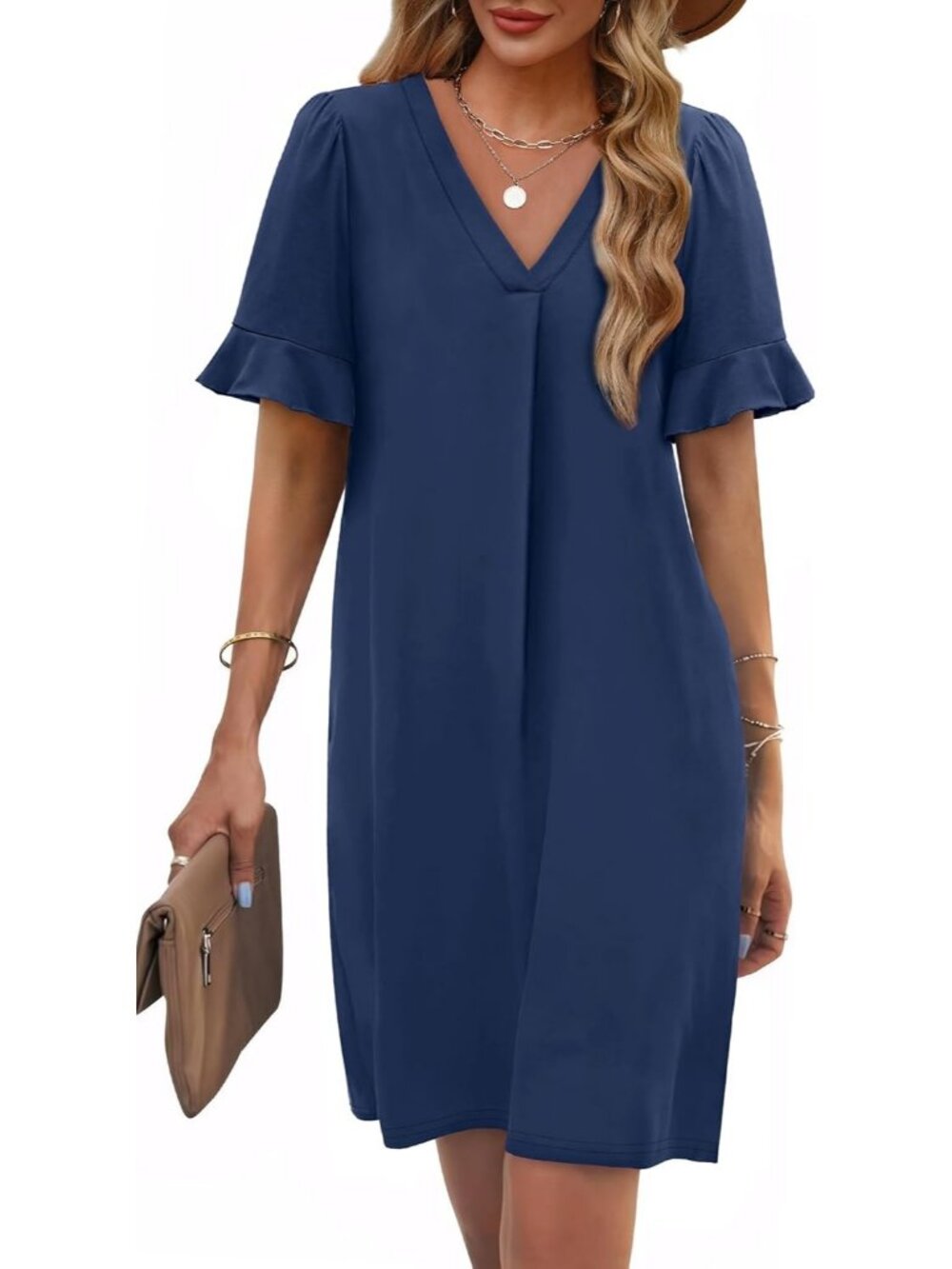 Women's Navy Blue Ruffle Short Sleeve Neck Casual  with Pockets Shift Mini Dress - Picture 2 of 5